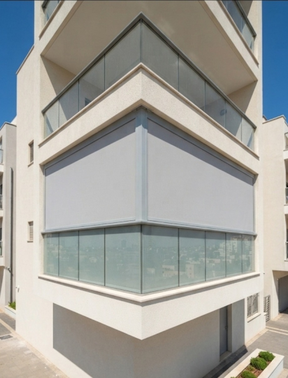 מסכי זיפ בגוון בהיר בסגירת מרפסת בבניין מגורים